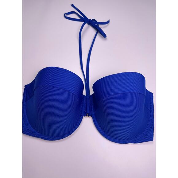 Shade & Shore Blue Ribbed Bikini Top 38DD Strapless Halter Swim - Picture 2 of 7